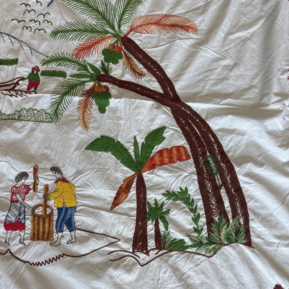Rare Vintage Embroidered Island Scene 81x76 Bedsheet ART Flowers‎ Palms Mountain